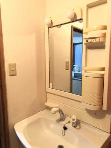 a bathroom with a sink and a mirror at GINGAYA in Iwataki