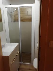 uma casa de banho com um chuveiro, um lavatório e um WC. em Domček Michaela em Zuberec