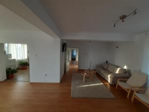 ein Wohnzimmer mit einem Sofa und einem Tisch in der Unterkunft Casa Reds in Râmnicu Vâlcea