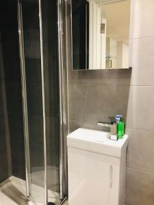 La salle de bains est pourvue d'une douche, d'un lavabo et d'un miroir. dans l'établissement Southend - Westcliff Apartments & Studios, à Southend-on-Sea