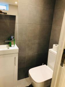 a bathroom with a toilet and a sink at Southend - Westcliff Apartments & Studios in Southend-on-Sea