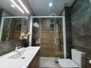 a bathroom with a shower and a sink and a toilet at Apartment Beach Front Sant Pol in San Pol de Mar +31 photos