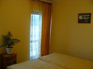 Un dormitorio con una cama y una ventana con una planta en Cabana Delfinul en Dubova