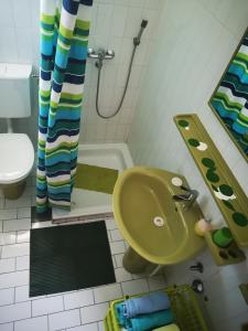 łazienka z umywalką i zasłoną prysznicową w obiekcie Apartments Sara Maris w mieście Prižba