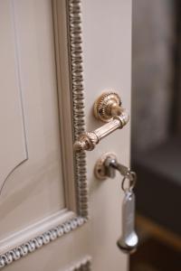 a door with a chrome door handle and a mirror at Hotel Villa Gospava in Belgrade