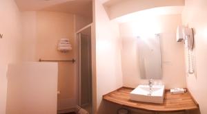een badkamer met een wastafel en een spiegel bij Hotel Alicia Auray Le Bono in Le Bono