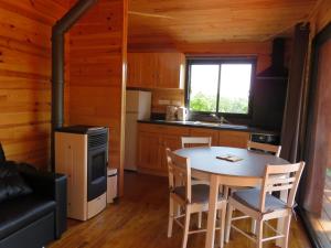 eine Küche mit einem Tisch, Stühlen und einem Herd in der Unterkunft LES MATHIEUX la cabane du Parc in Bongheat