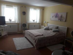 a bedroom with a large bed and two windows at Lavendel in Steffenshagen