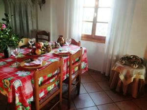 a dining room table with a plate of food and wine glasses at Villa Amfithea in Skiathos