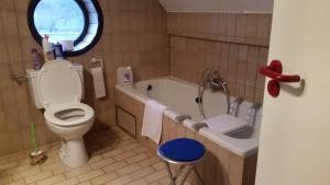 a bathroom with a toilet and a bath tub with a window at 't Vliethuys in Zwijndrecht