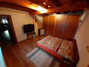 einen Blick über ein Schlafzimmer mit einem Bett und einem TV in der Unterkunft Rodinný dom Petro s Wallbox nabíjaním elektromobilu in Rabča