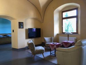 a living room with a couch and chairs and a tv at Wolke 33 in Annaberg-Buchholz