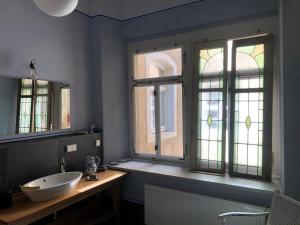 a bathroom with a sink and two windows at Wolke 33 in Annaberg-Buchholz