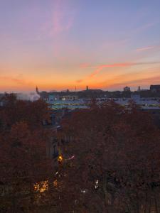 una puesta de sol sobre una ciudad con la estatua de la libertad en Studio hyper centre avec Parking en Toulouse