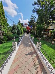 a walkway in a park with bushes and trees at Pensiunea Miruna Valentin in Jupiter