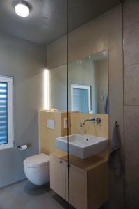 een badkamer met een wastafel en een toilet bij Design Ferienhaus nienrausch mit 2 Apartments in Timmendorfer Strand