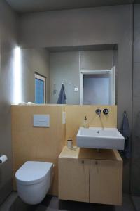 een badkamer met een wastafel, een toilet en een spiegel bij Design Ferienhaus nienrausch mit 2 Apartments in Timmendorfer Strand