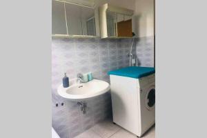 a bathroom with a sink and a washing machine at Monte Kali in Mittelkalbach