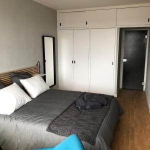 1 dormitorio con 1 cama grande y armarios blancos en Studio hyper centre avec Parking en Toulouse