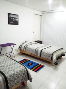 een slaapkamer met 2 bedden en een tapijt op de vloer bij Terraza Tlalpan-Acoxpa in Mexico-Stad