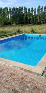uma grande piscina azul com uma entrada de tijolos em Don Luis Bueno em Carmen de Areco