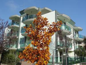 uma árvore em frente a um edifício em Residenza Villa Flores em Bellaria-Igea Marina