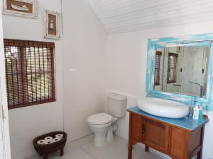 a bathroom with a sink and a toilet and a mirror at Mosselbank Beach Retreat 3 in Paternoster +62 photos