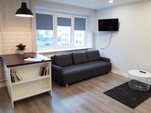 a living room with a couch and a tv at Alytus Ziburio studio in Alytus