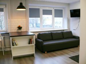 a living room with a couch and two windows at Alytus Ziburio studio in Alytus