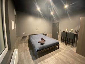 Un dormitorio con una cama con un osito de peluche. en Appartement Studio Tournai, en Tournai