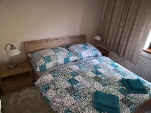 um quarto com uma cama com duas almofadas azuis em Apartmán 577 em Cesky Krumlov