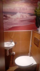baño con lavabo, aseo y una pintura en Apartament - Aloha 37m2 na parterze, en Bytom