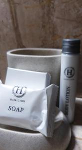 un rouleau de papier toilette et une bouteille de savon dans l'établissement Haggards on Hilldrop, à Newcastle