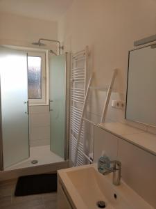 uma casa de banho com um chuveiro, um lavatório e um espelho. em Strietpartment - 2 Schlafzimmer, viel Raum und Ruhe em Aschaffenburg