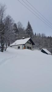 a house is covered in snow in front at Owczarnia in Szczyrk