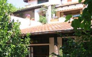a house with a roof with a patio and a yard at Agriturismo La Vecchia Dolceacqua in Dolceacqua
