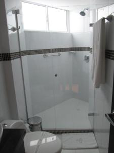a bathroom with a shower with a toilet and a sink at Hotel Boutique Calle Grande in Valledupar