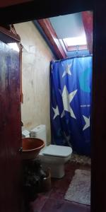 a bathroom with a toilet and a blue shower curtain at Casa Aljez in Calatayud