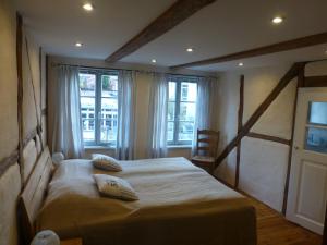 a bedroom with a large bed with pillows on it at Altes Fischerhaus in Plau am See