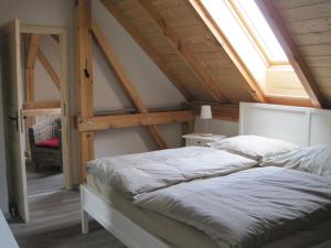 a bedroom with a bed in a attic with a window at Ferienhaus auf dem Hof Lechner in Drieschnitz