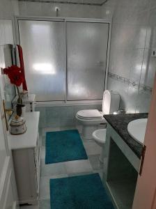 a bathroom with a toilet and a sink and blue rugs at Casa Júnior in Arouca