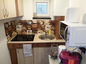 a small kitchen with a sink and a microwave at Garsoniera Maria in Onești