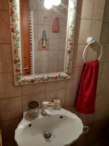 La salle de bains est pourvue d'un lavabo blanc et d'une serviette rouge. dans l'établissement Cosy house in Galaxidi, à Galaxidi