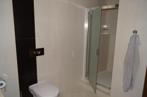 a white bathroom with a shower and a toilet at Apartmány IVKA a MAŤKO DONOVALY 198 in Donovaly +34 photos