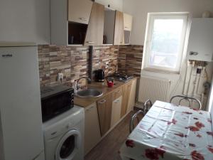 a kitchen with a sink and a washing machine at Varipatti House in Slatina
