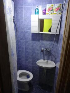 a blue tiled bathroom with a toilet and a sink at Apartman MILENA in Foča