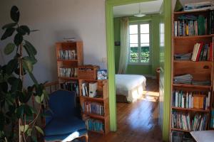 ein Zimmer mit einem Bett und Bücherregalen voller Bücher in der Unterkunft La Maison de L'Ousse in Livron