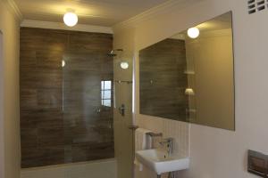 uma casa de banho com um lavatório e um chuveiro com um espelho. em Fernando's Guest House em Port Elizabeth