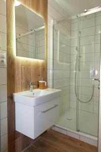 a bathroom with a white sink and a shower at HT Chalets Harrachov in Harrachov