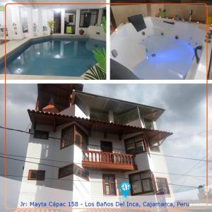 a collage of pictures of a house and a swimming pool at Hospedaje Casa Blanca Beach in Los Baños del Inca